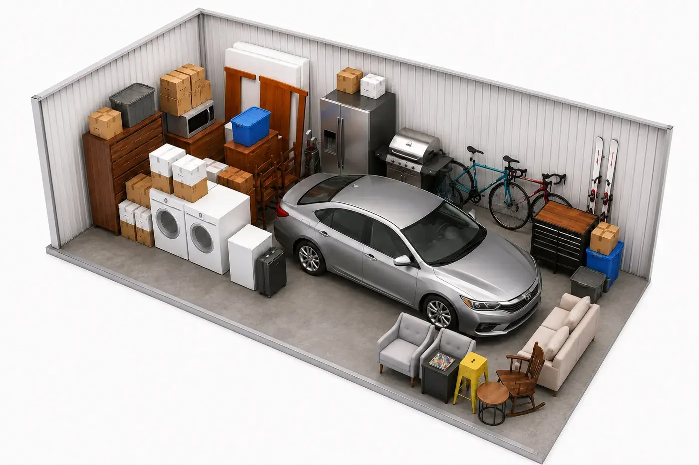 A car parked inside a 10x30 storage unit with boxes and shelving along the wall