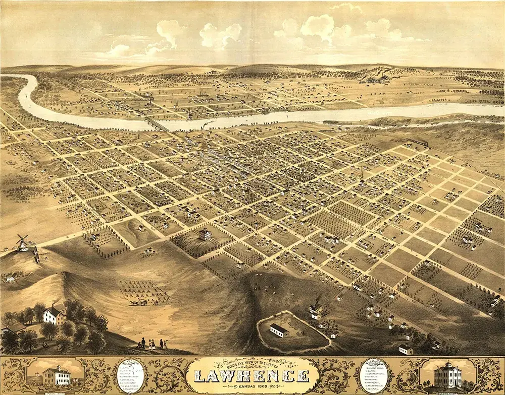Bird's-eye view map of Lawrence, Kansas in 1869, showing the street grid and the Kansas River