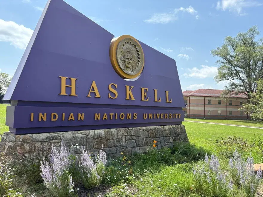 Haskell Indian Nations University entrance sign on the campus in Lawrence, KS