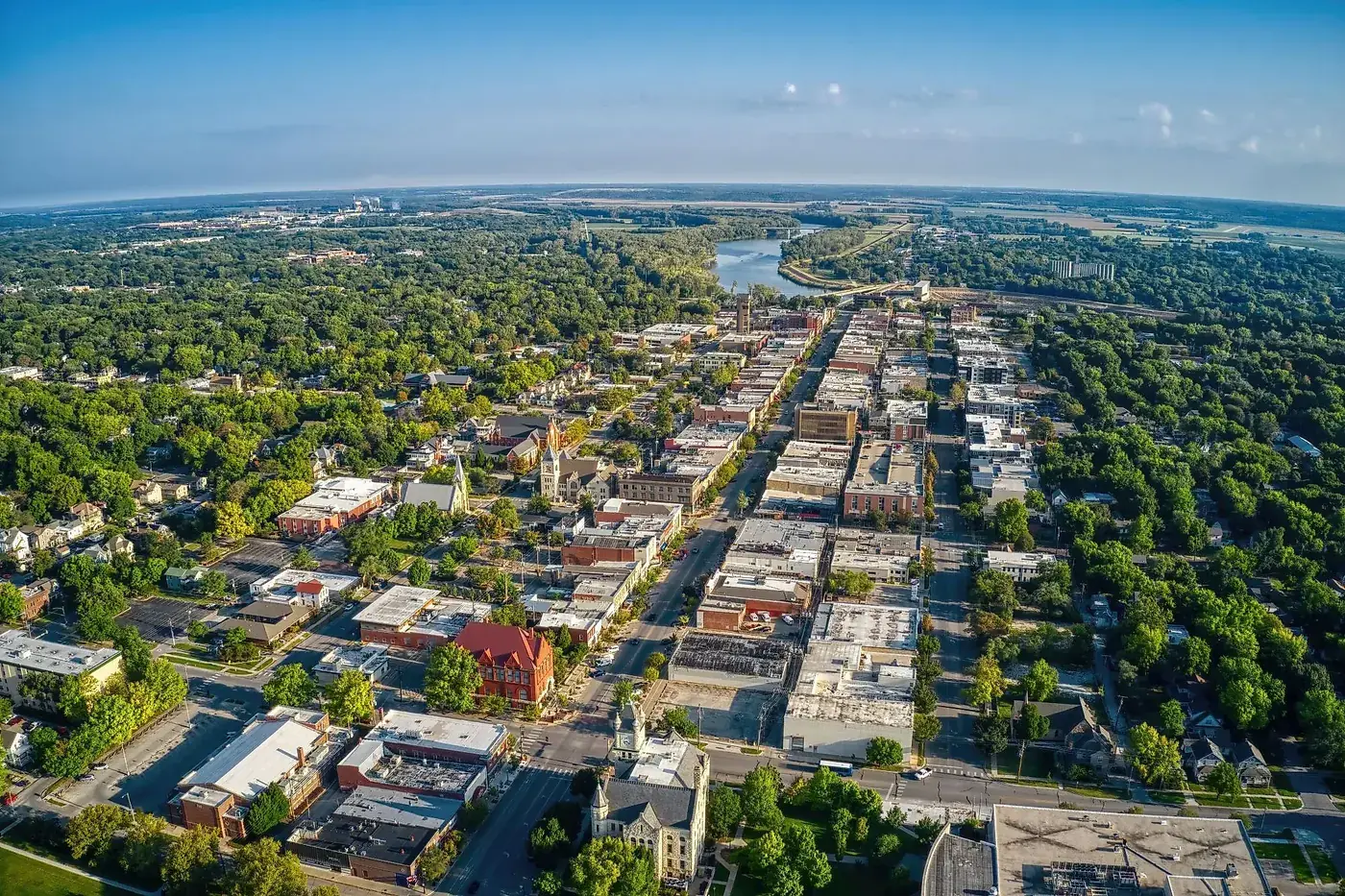 Aerial view of downtown Lawrence, Kansas, looking north along Massachusetts Street toward the Kansas River
