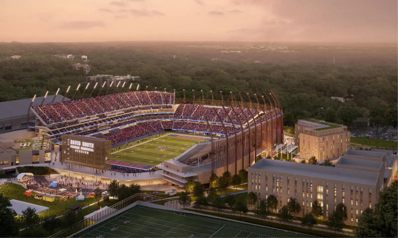 Aerial rendering of David Booth Kansas Memorial Stadium on a KU game day at dusk in Lawrence, KS