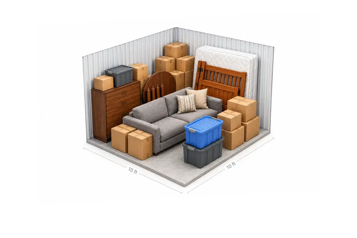10x10 drive-up storage unit holding a one-bedroom apartment: sofa, dresser, mattress and bed frame, boxes and totes, at Free State Storage in Lawrence, KS