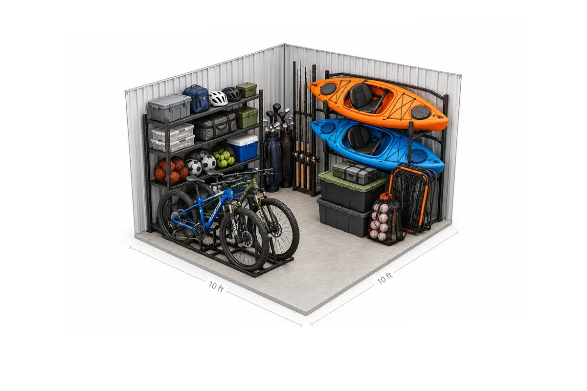 10x10 drive-up storage unit holding sports gear: bikes, kayaks on a wall rack, golf clubs, fishing rods, helmets, coolers and balls, at Free State Storage in Lawrence, KS