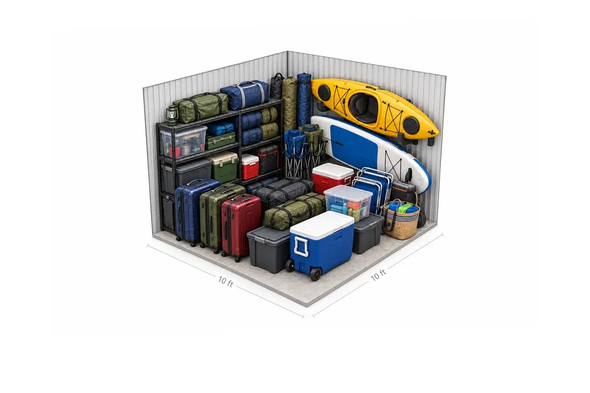 10x10 drive-up storage unit holding travel and camping gear: suitcases, coolers, sleeping bags, folding chairs, a beach umbrella and shelved bins, at Free State Storage in Lawrence, KS