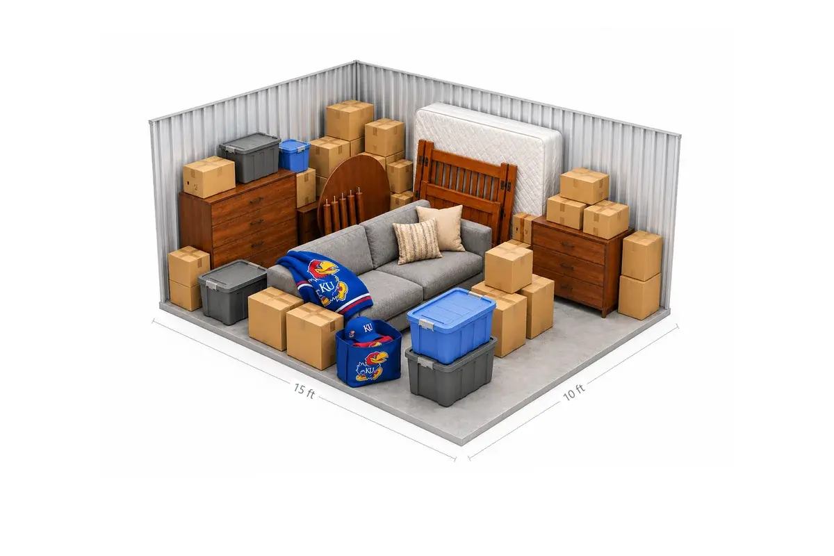 10x15 drive-up storage unit holding a two-bedroom apartment: sofa, dresser, mattress and bed frame, boxes and totes and a student's KU blanket, pennant and tote, at Free State Storage in Lawrence, KS