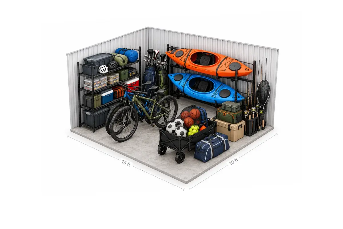 10x15 drive-up storage unit holding sports gear: bikes, kayaks on a wall rack, golf clubs, fishing rods, helmets, coolers and balls, at Free State Storage in Lawrence, KS