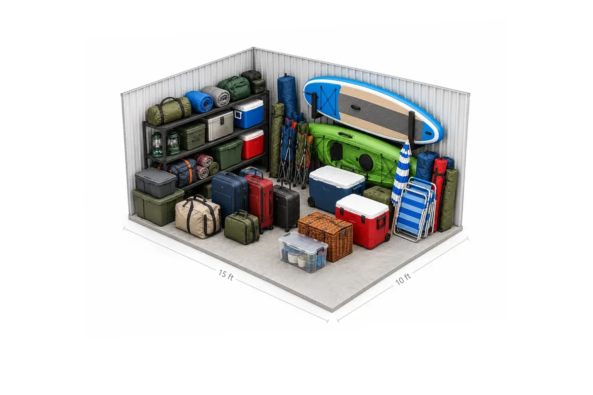 10x15 drive-up storage unit holding travel and camping gear: suitcases, coolers, sleeping bags, folding chairs, a beach umbrella and shelved bins, at Free State Storage in Lawrence, KS