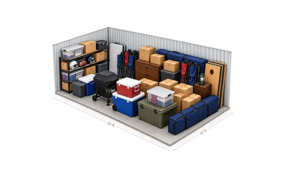 10x20 drive-up storage unit holding tailgate gear: a covered grill, coolers, cornhole boards, folding chairs, a canopy bag and football gear, at Free State Storage in Lawrence, KS