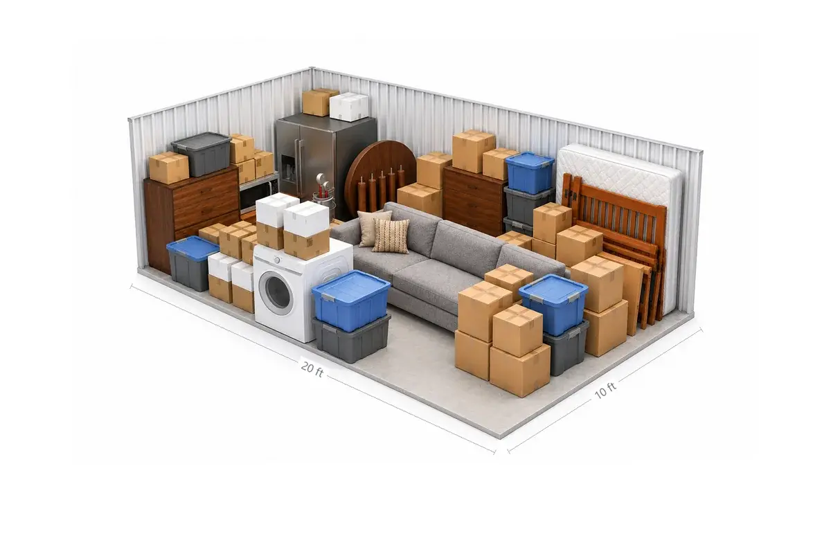 10x20 drive-up storage unit holding a two-bedroom home: sofa, dresser, mattress and bed frame, boxes and totes, at Free State Storage in Lawrence, KS