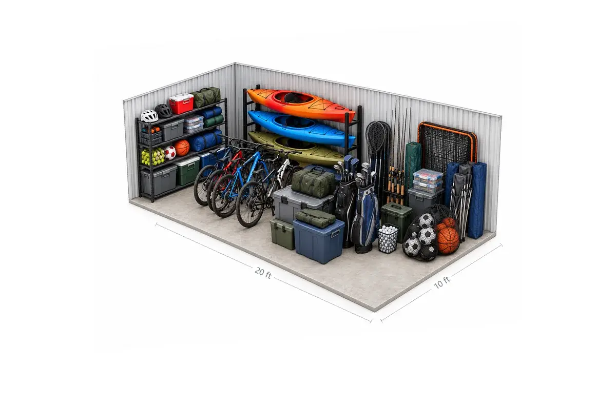 10x20 drive-up storage unit holding sports gear: bikes, kayaks on a wall rack, golf clubs, fishing rods, helmets, coolers and balls, at Free State Storage in Lawrence, KS