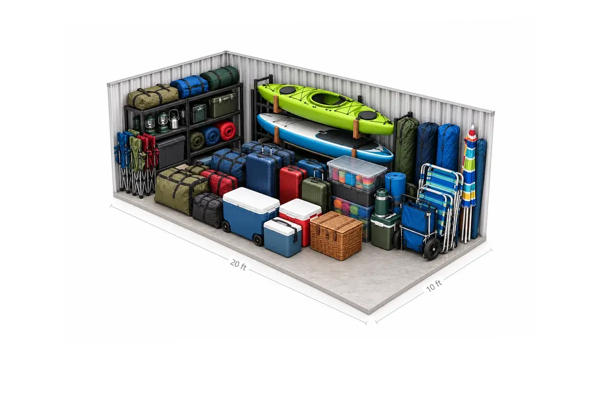 10x20 drive-up storage unit holding travel and camping gear: suitcases, coolers, sleeping bags, folding chairs, a beach umbrella and shelved bins, at Free State Storage in Lawrence, KS