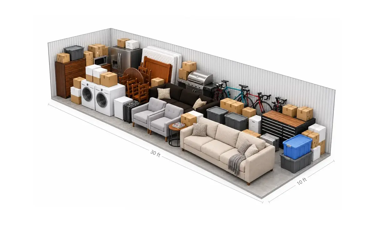 10x30 drive-up storage unit holding a three-bedroom home: sofa, dresser, mattress and bed frame, boxes and totes, at Free State Storage in Lawrence, KS