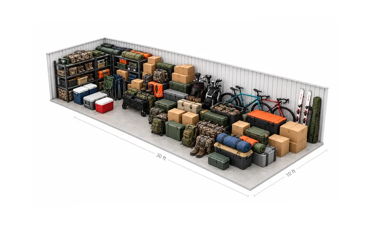 10x30 drive-up storage unit holding sports gear: bikes, kayaks on a wall rack, golf clubs, fishing rods, helmets, coolers and balls, at Free State Storage in Lawrence, KS
