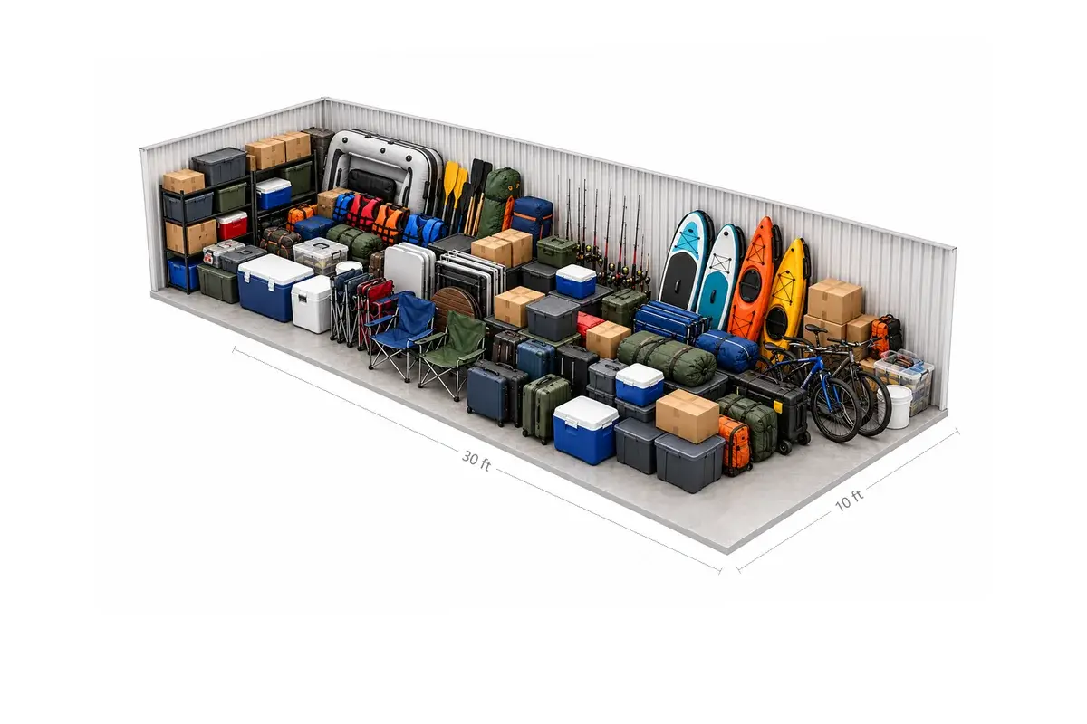 10x30 drive-up storage unit holding travel and camping gear: suitcases, coolers, sleeping bags, folding chairs, a beach umbrella and shelved bins, at Free State Storage in Lawrence, KS