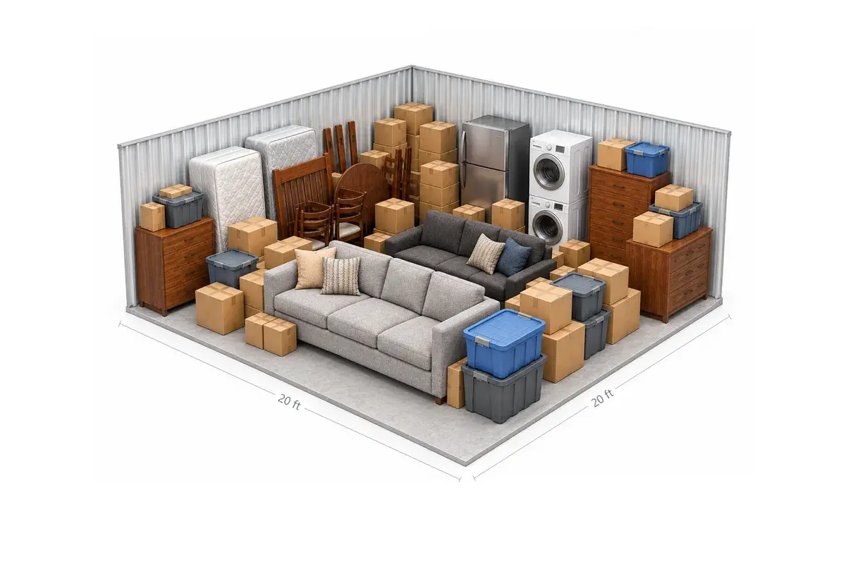 20x20 drive-up storage unit holding a full house of furniture: sofa, dresser, mattress and bed frame, boxes and totes, at Free State Storage in Lawrence, KS