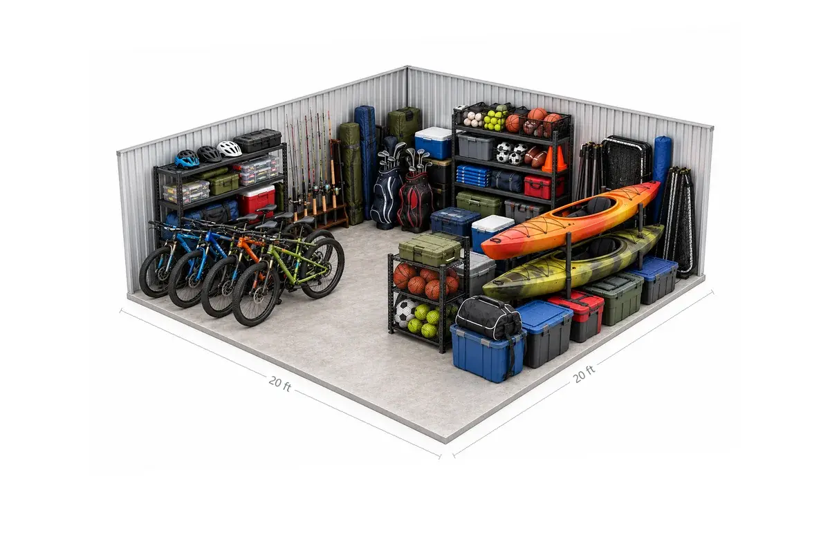 20x20 drive-up storage unit holding sports gear: bikes, kayaks on a wall rack, golf clubs, fishing rods, helmets, coolers and balls, at Free State Storage in Lawrence, KS