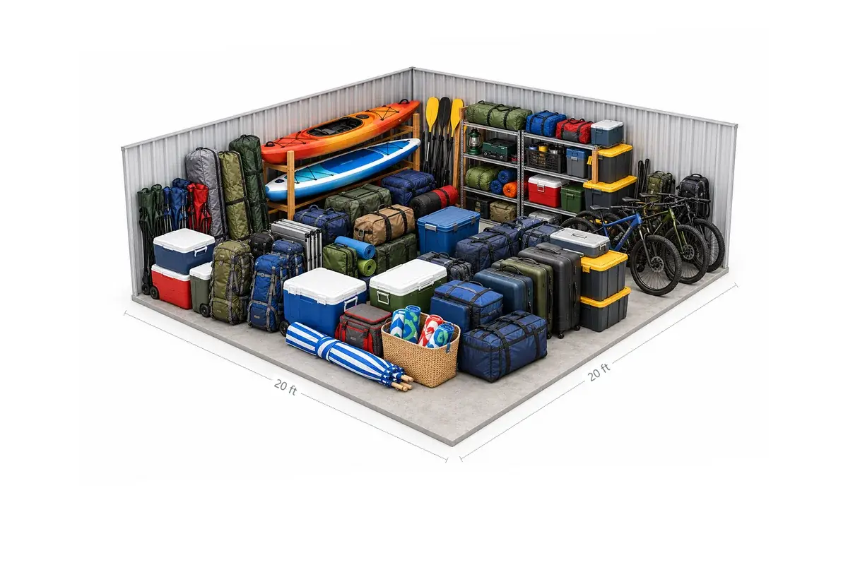 20x20 drive-up storage unit holding travel and camping gear: suitcases, coolers, sleeping bags, folding chairs, a beach umbrella and shelved bins, at Free State Storage in Lawrence, KS