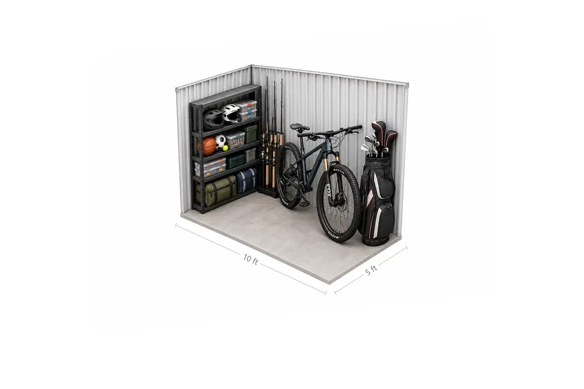 5x10 drive-up storage unit holding sports gear: bikes, kayaks on a wall rack, golf clubs, fishing rods, helmets, coolers and balls, at Free State Storage in Lawrence, KS