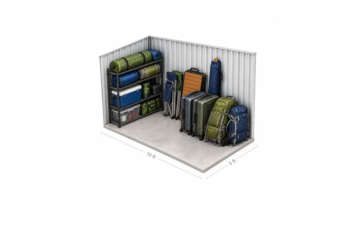 5x10 drive-up storage unit holding travel and camping gear: suitcases, coolers, sleeping bags, folding chairs, a beach umbrella and shelved bins, at Free State Storage in Lawrence, KS