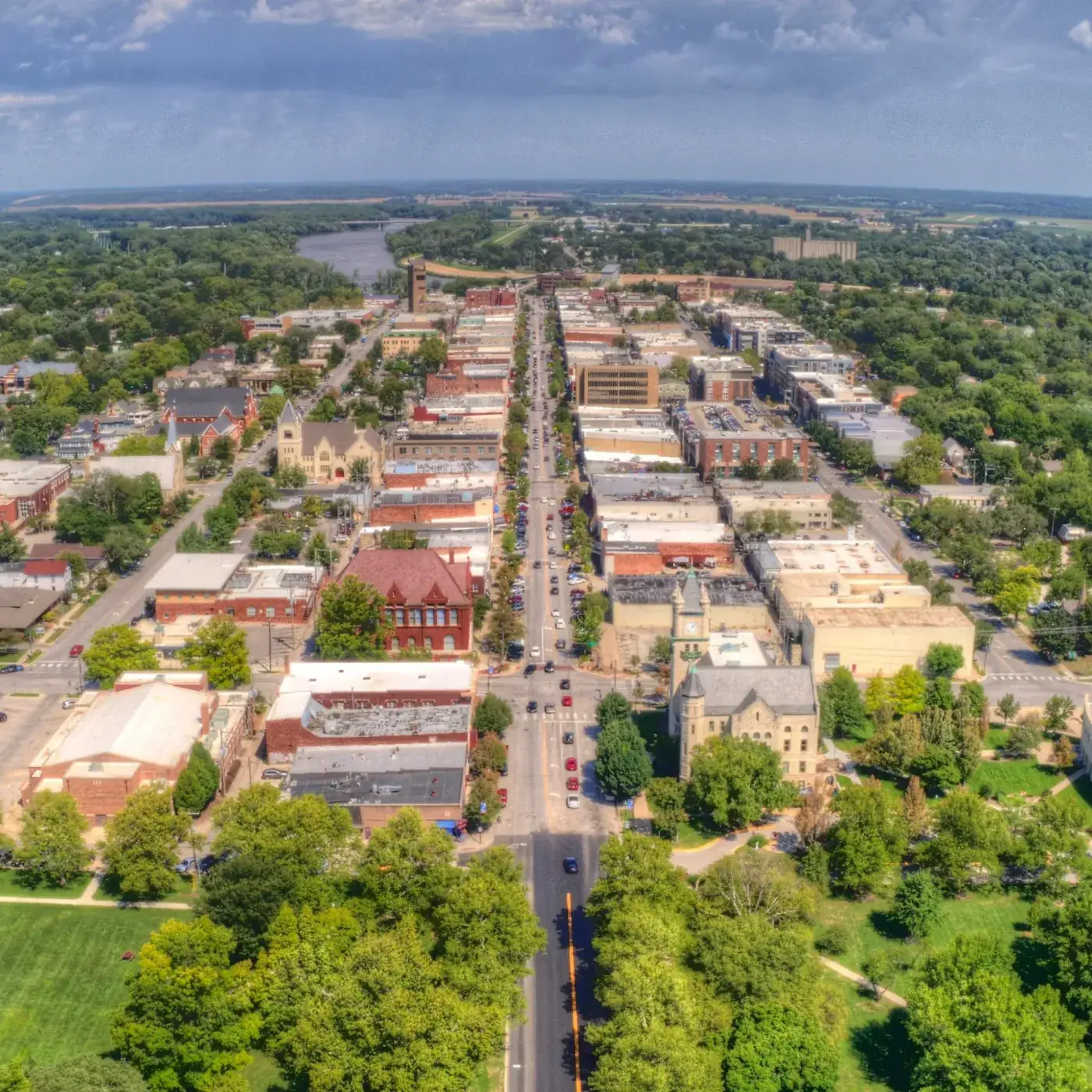Aerial view of downtown Lawrence, Kansas, looking north up Massachusetts Street to the Kansas River