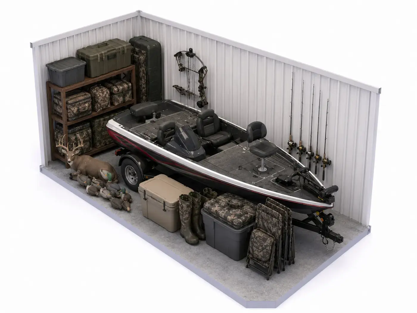 A bass boat on its trailer inside a 10x20 storage unit with fishing rods, decoys, coolers and hunting gear on shelves