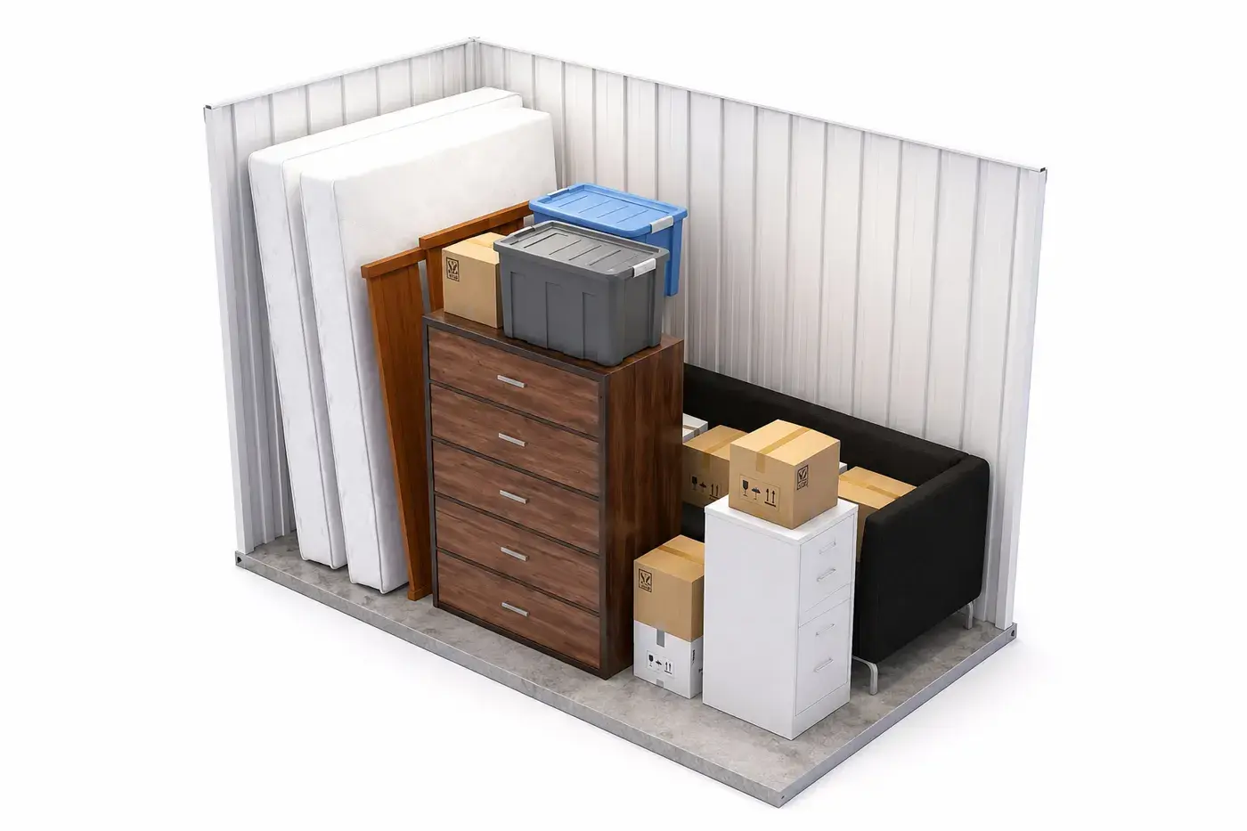 What fits in a 5x10 storage unit: two mattresses, a dresser, a loveseat, a filing cabinet and a stack of moving boxes