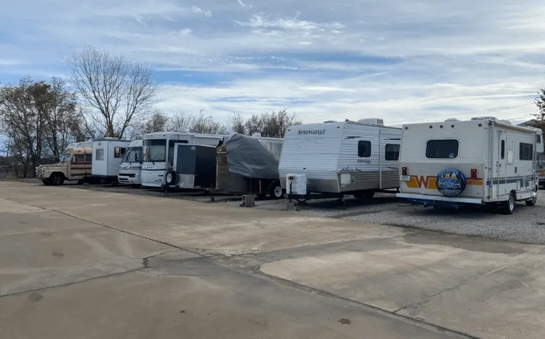 RVs, campers and trailers parked in the outdoor lot at Free State Storage in Lawrence, KS